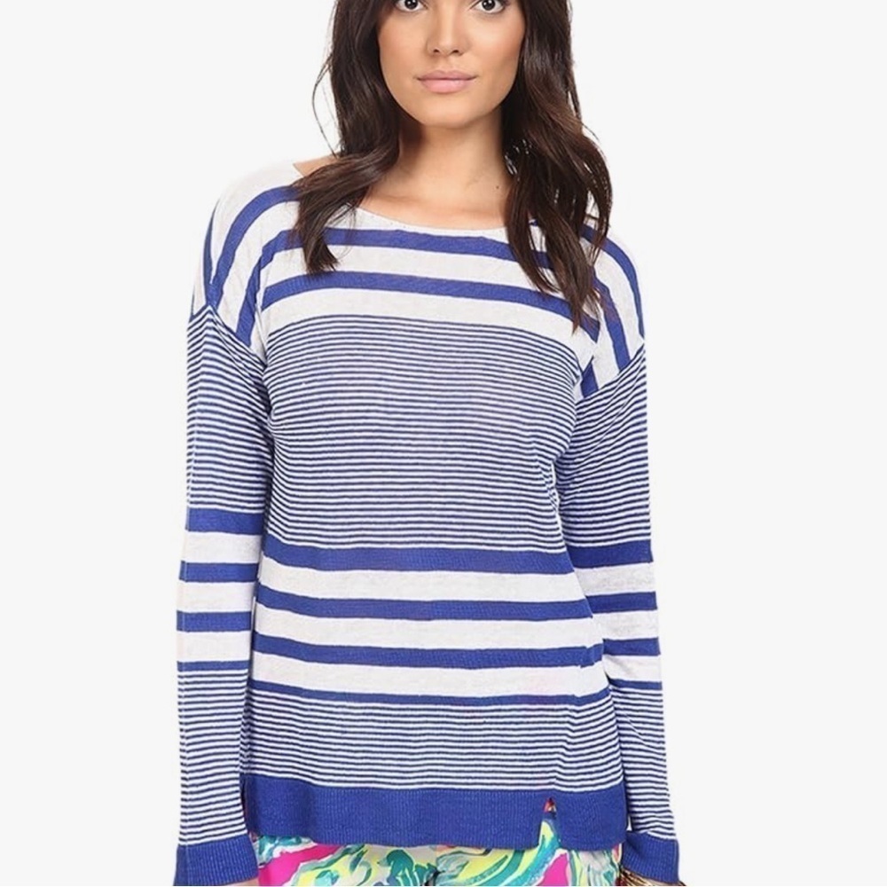 Lilly Pulitzer Camilla Linen Stripe Boatneck Sweater  Blue Exotic Garden XS